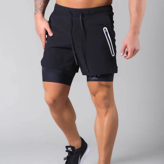 Gym Training Shorts Men's Fitness Double layered Fake Two Piece Tight Elastic Muscle Exercise Brothers Sports Capris